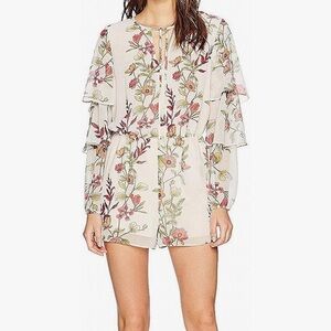 Guess Womens Long Ruffle Sleeve Floral Vine Romper Size Medium Cream Vacation